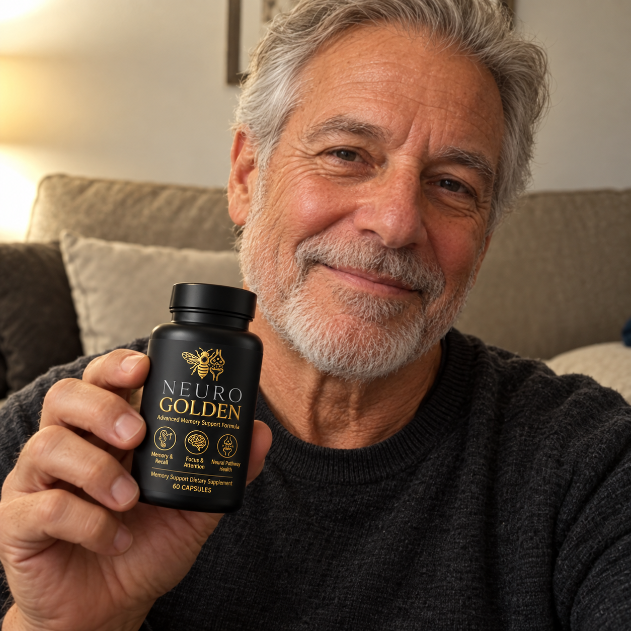 A man holding the black NeuroGolden capsule bottle