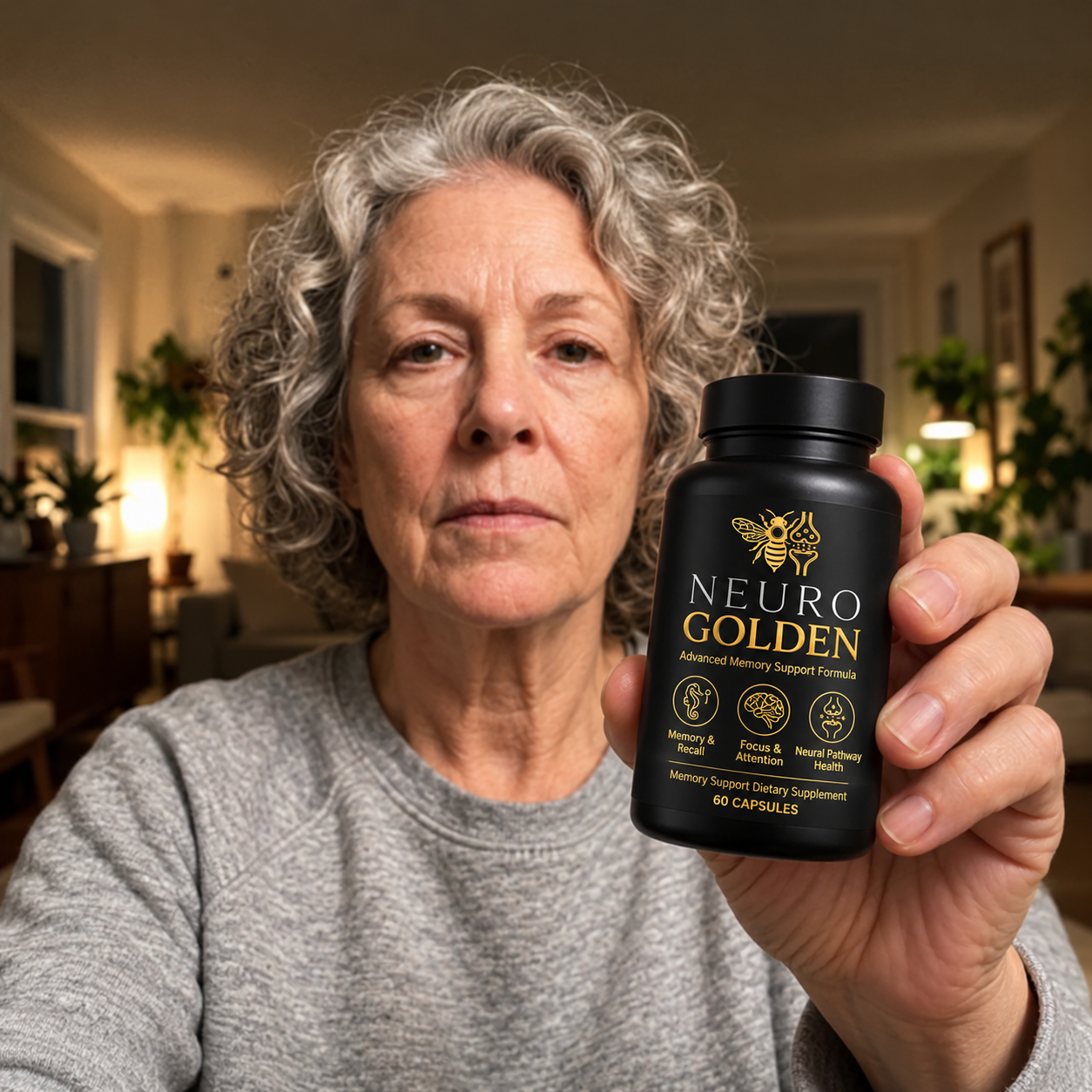 A woman holding the black NeuroGolden capsule bottle
